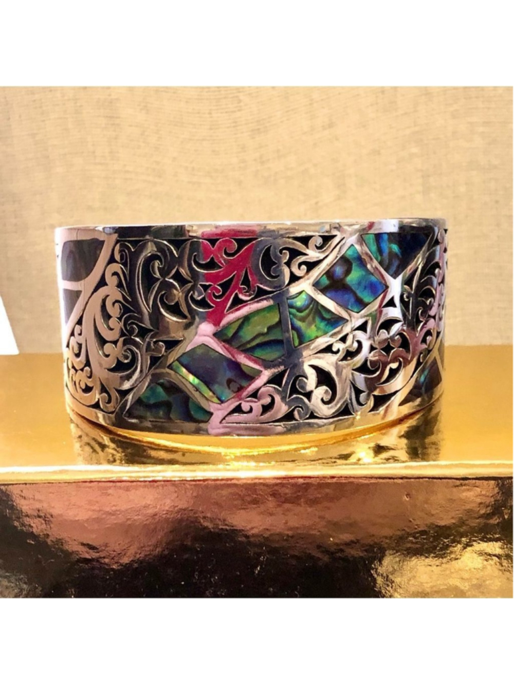 LOIS HILL Blue Green Abalone Inlay Sterling Silver Cut Out Scroll Cuff Bracelet